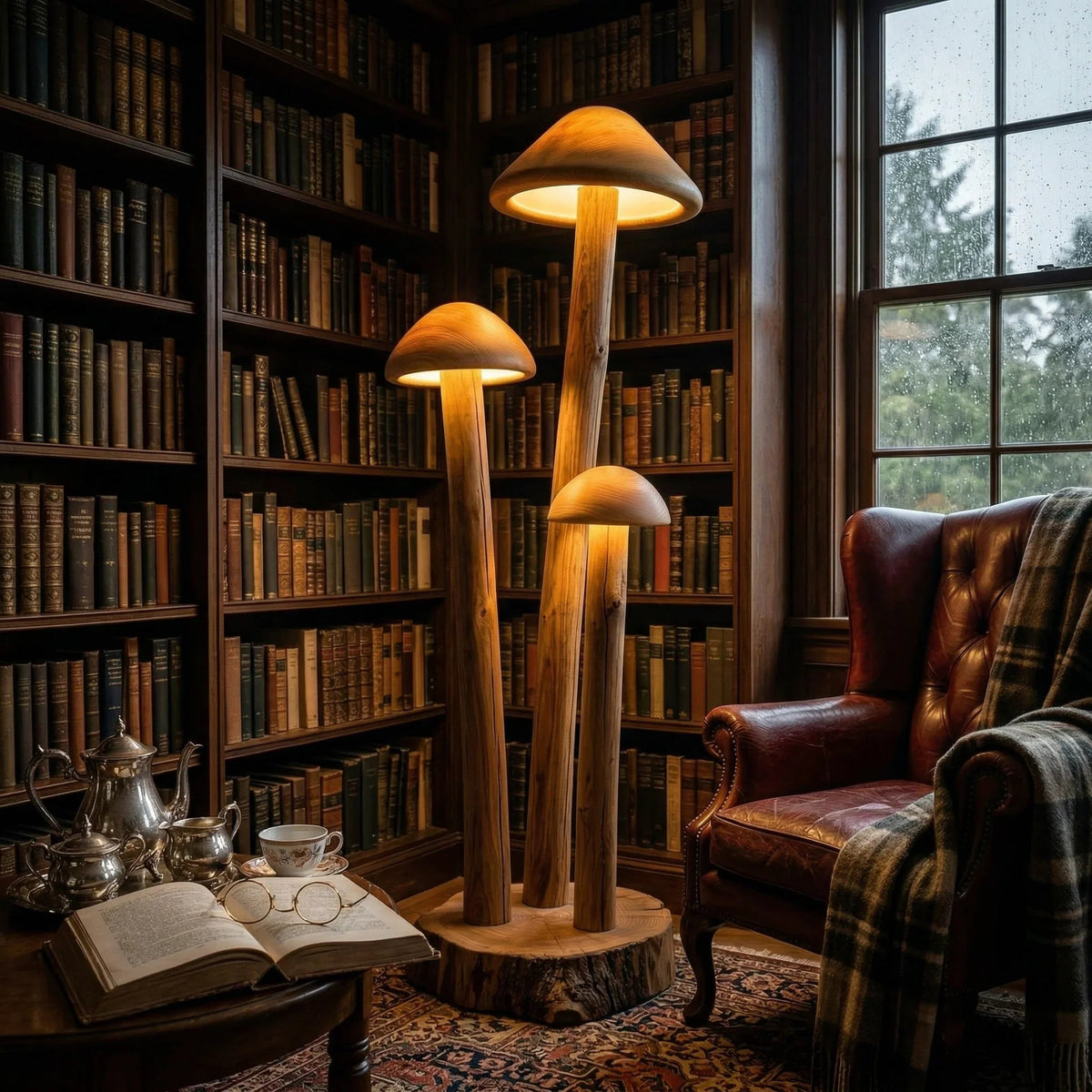 Dreifach-Pilz-Stehlampe mit Holzstielen und Kuppelhüten in einer gemütlichen Bibliothek