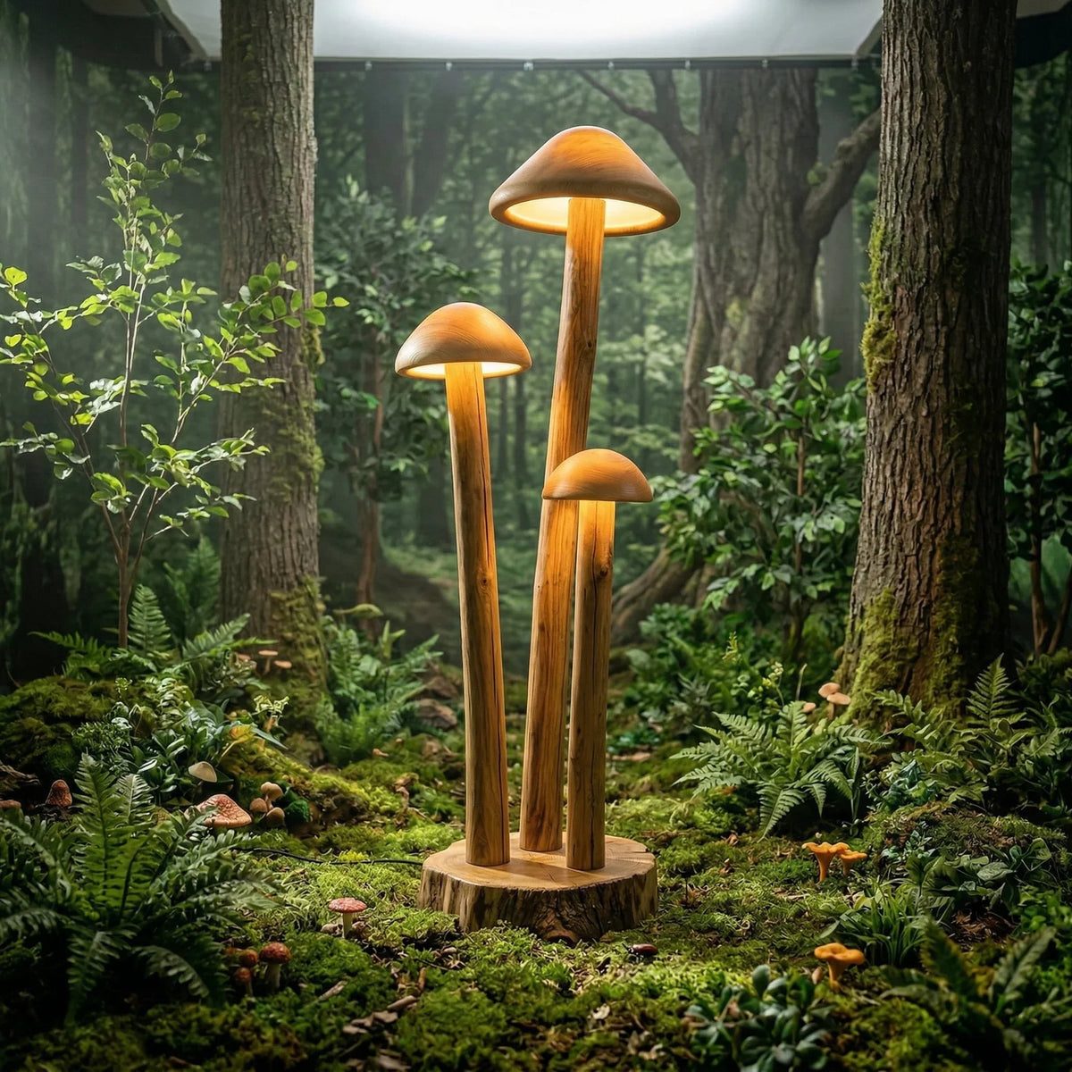 Dreifach-Pilz-Stehlampe aus Holz mit Kuppel-Downlights in einer üppigen Waldumgebung