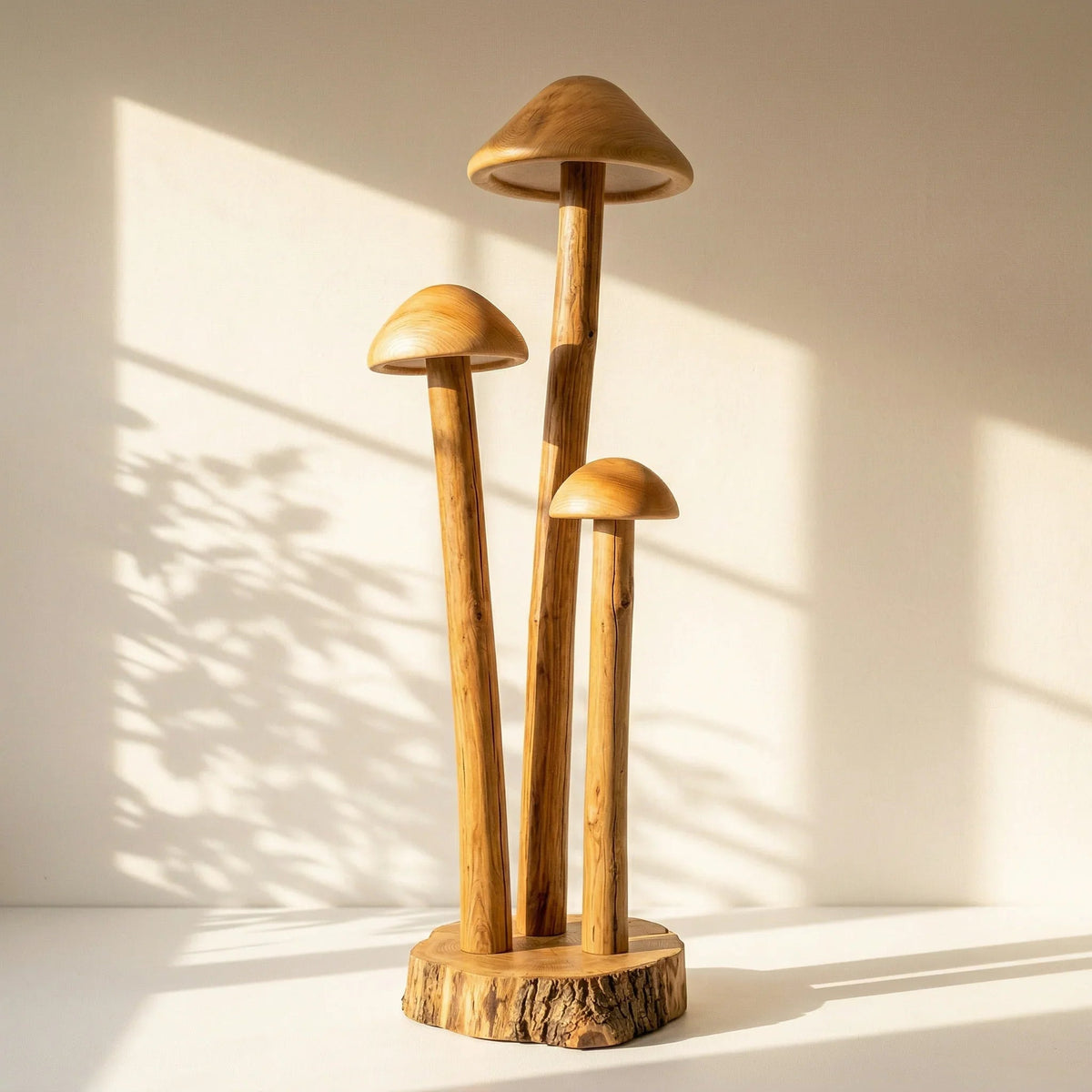 Dreifach-Pilzgruppen-Stehlampe mit hohlen Kuppelschirmen aus Massivholz im natürlichen Licht