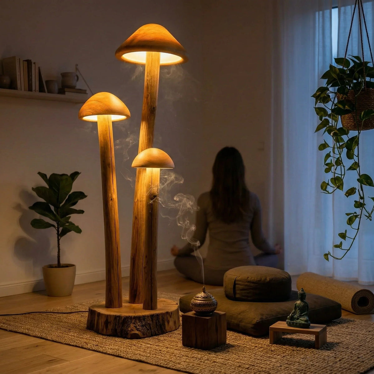 Dreifach-Pilzgruppen-Stehlampe mit Holzkuppelschirm in einem gemütlichen Meditationsraum