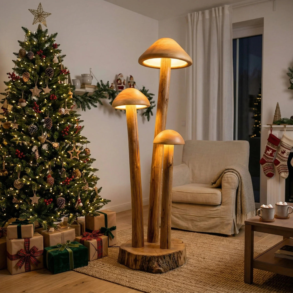 Dreifach-Pilzgruppen-Stehlampe mit Holzstielen neben einem Weihnachtsbaum in einem gemütlichen Wohnzimmer