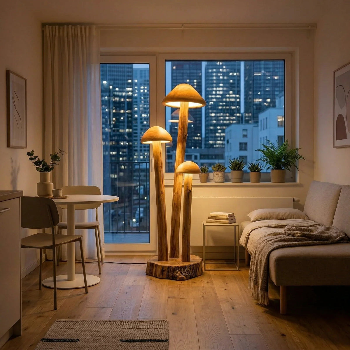 Dreifach-Pilzgruppen-Stehlampe mit Holzfuß in einem gemütlichen modernen Wohnzimmer bei Nacht