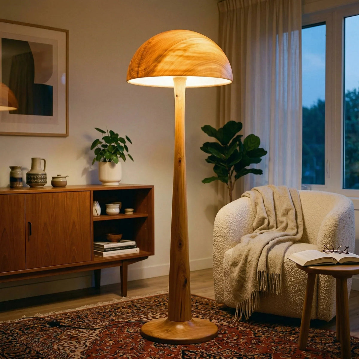Pilz-Stehlampe aus Massivholz mit leuchtendem Kuppelschirm in einem gemütlichen Wohnzimmer