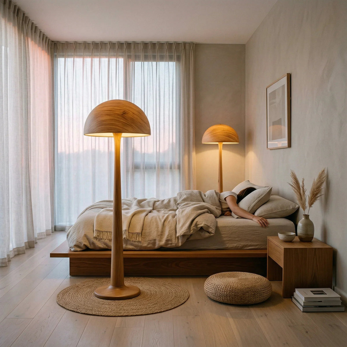 Pilz-Stehlampe aus Massivholz mit leuchtendem Kuppelschirm in einem modernen Schlafzimmer