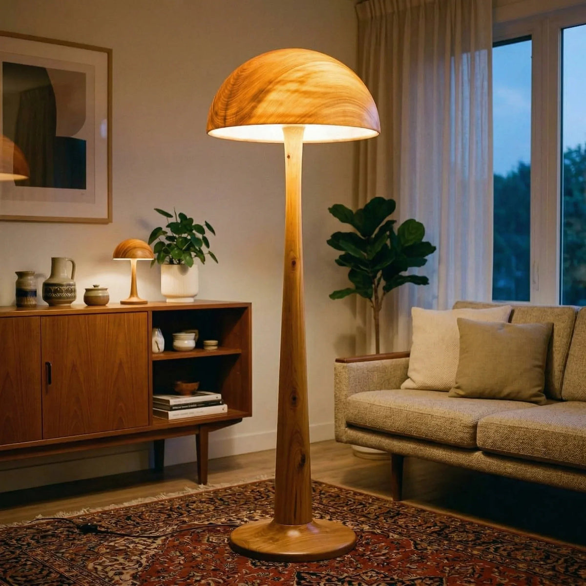 Pilz-Stehlampe aus Massivholz mit leuchtendem Kuppelhut auf konischem Stiel in einem gemütlichen Wohnzimmer