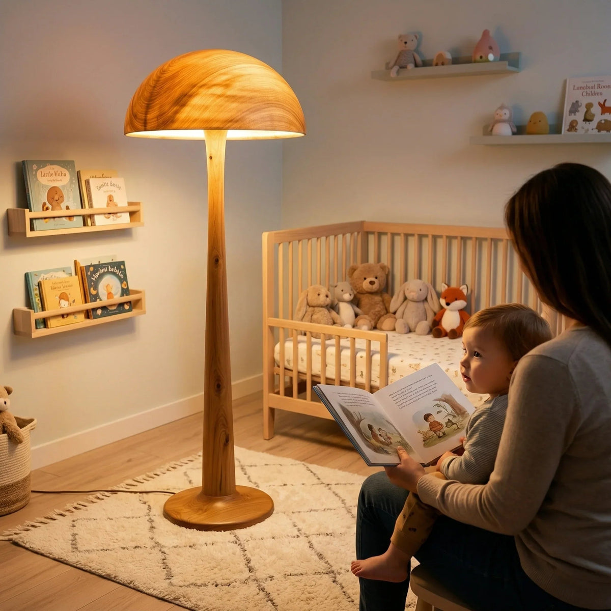 Pilz-Stehlampe aus Massivholz mit leuchtendem Kuppelschirm in einem gemütlichen Babyzimmer.