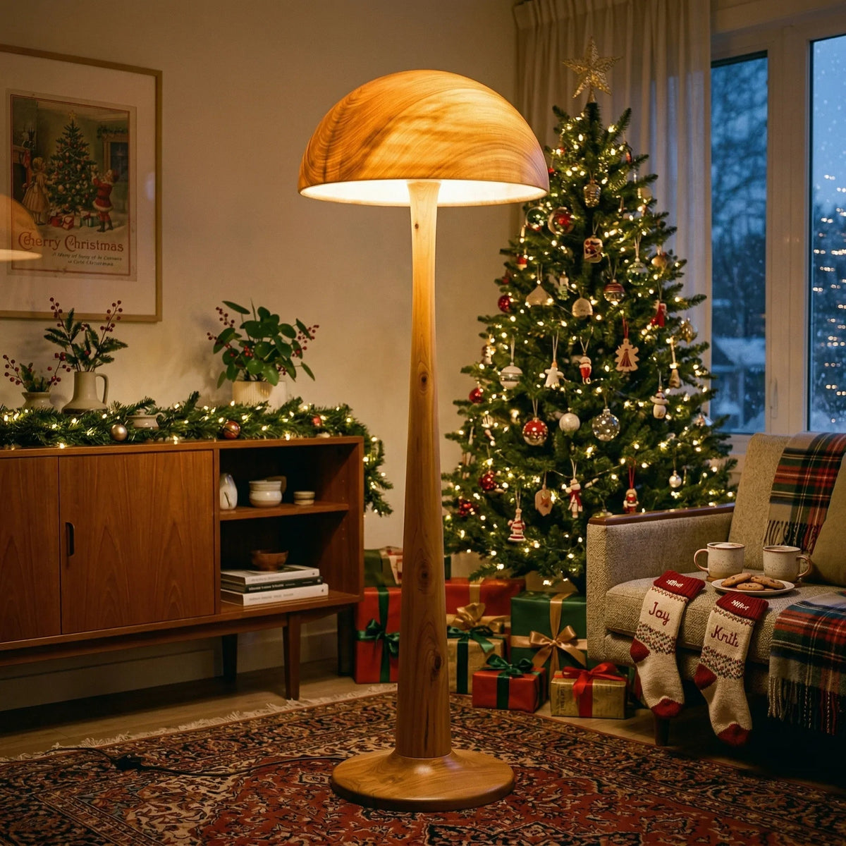 Pilz-Stehlampe aus Massivholz mit leuchtendem Kuppelhut in einem gemütlichen weihnachtlichen Wohnzimmer