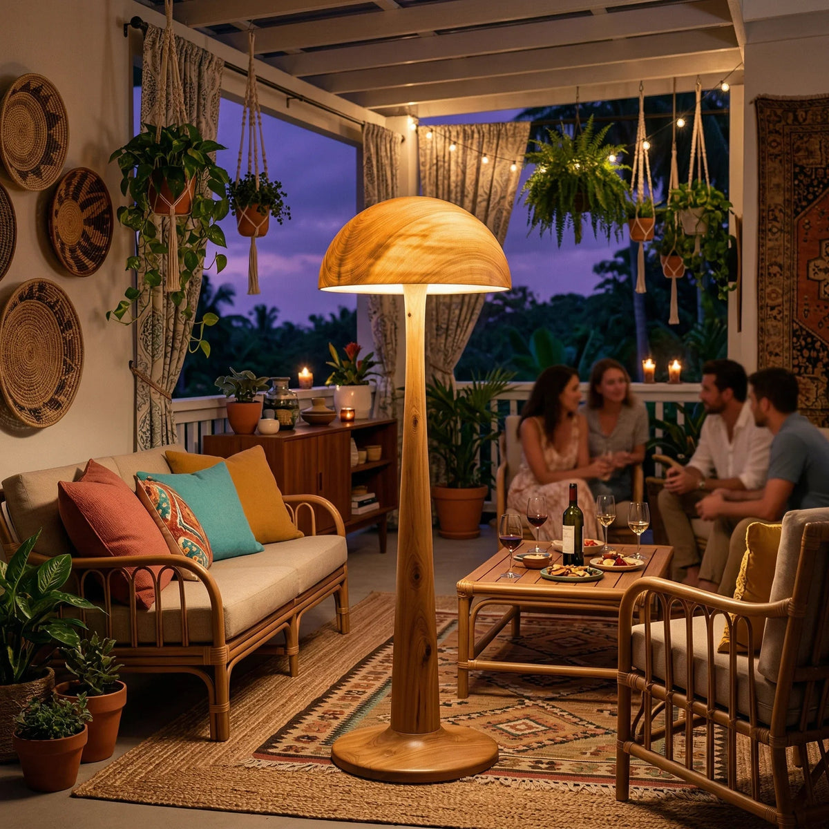 Pilz-Stehlampe aus Massivholz mit leuchtendem Kuppelschirm auf einer gemütlichen Terrasse bei Sonnenuntergang