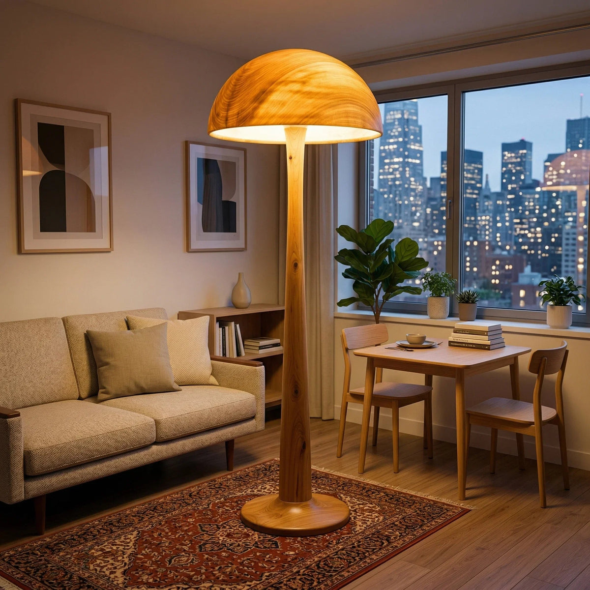 Pilz-Stehlampe aus Massivholz mit leuchtendem Kuppelschirm in einem modernen Wohnzimmer