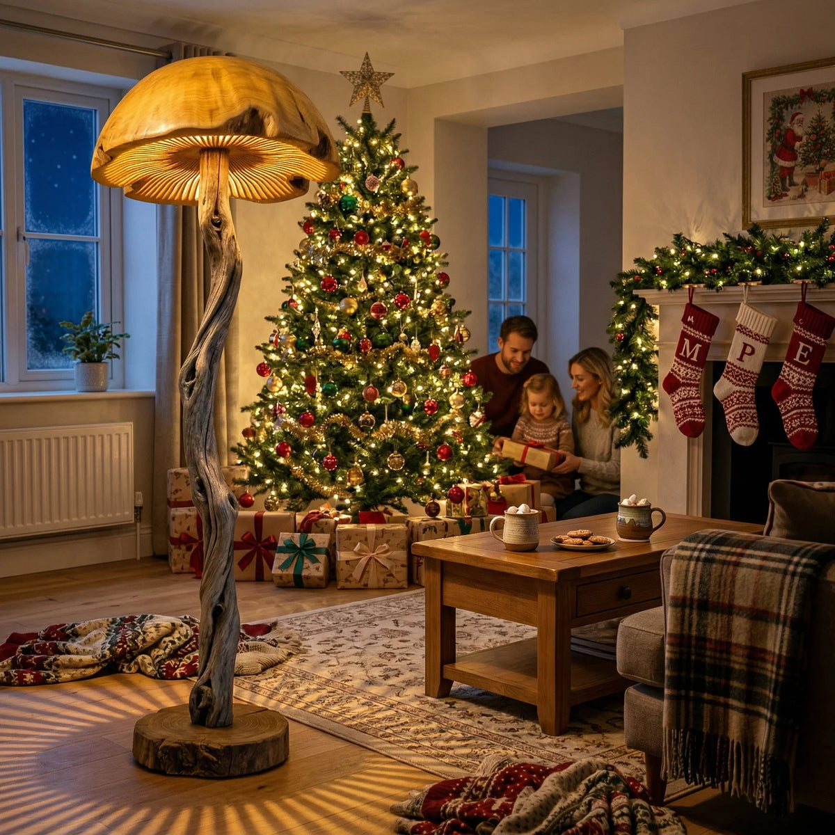 Gedrehte Treibholz-Pilz-Stehlampe mit handgeschnitzter Kuppel auf Altholzfuß in einem gemütlichen Weihnachtszimmer