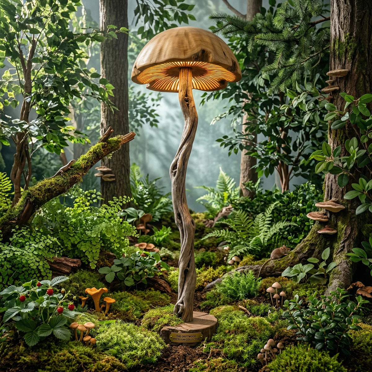 Gedrehte Treibholz-Pilz-Stehlampe mit geschnitzter Holzkuppel auf rundem Fuß in einer Waldumgebung