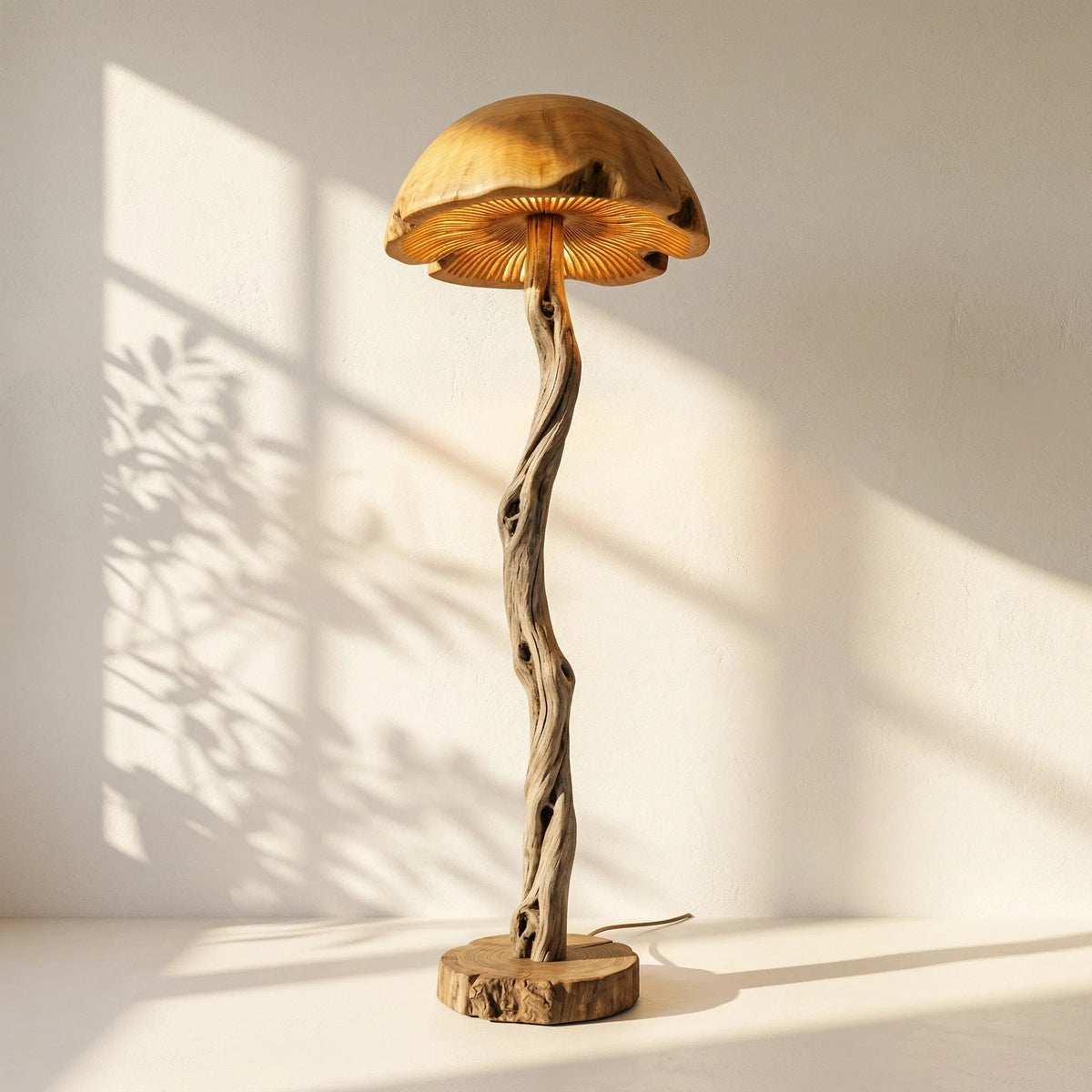 Gedrehte Treibholz-Stehlampe mit pilzförmigem Holzkuppelschirm und geschnitzten Details.