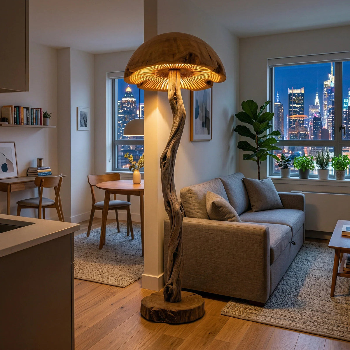 Gedrehte Treibholz-Pilz-Stehlampe mit geschnitzter Holzkuppel und rundem Altholzfuß in einem modernen Wohnzimmer.