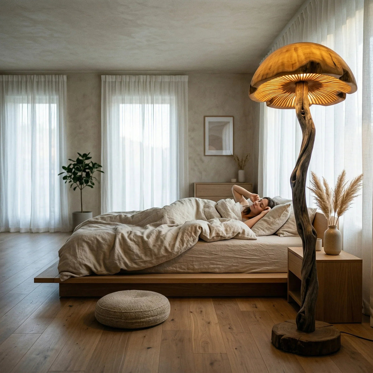 Gedrehte Treibholz-Pilz-Stehlampe mit geschnitzter Holzkuppel und rundem Altholzfuß im Schlafzimmer