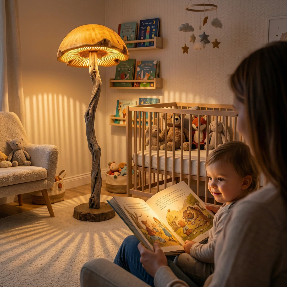 Gedrehte Treibholz-Pilz-Stehlampe mit geschnitztem Kuppelschirm, leuchtend in einem gemütlichen Babyzimmer