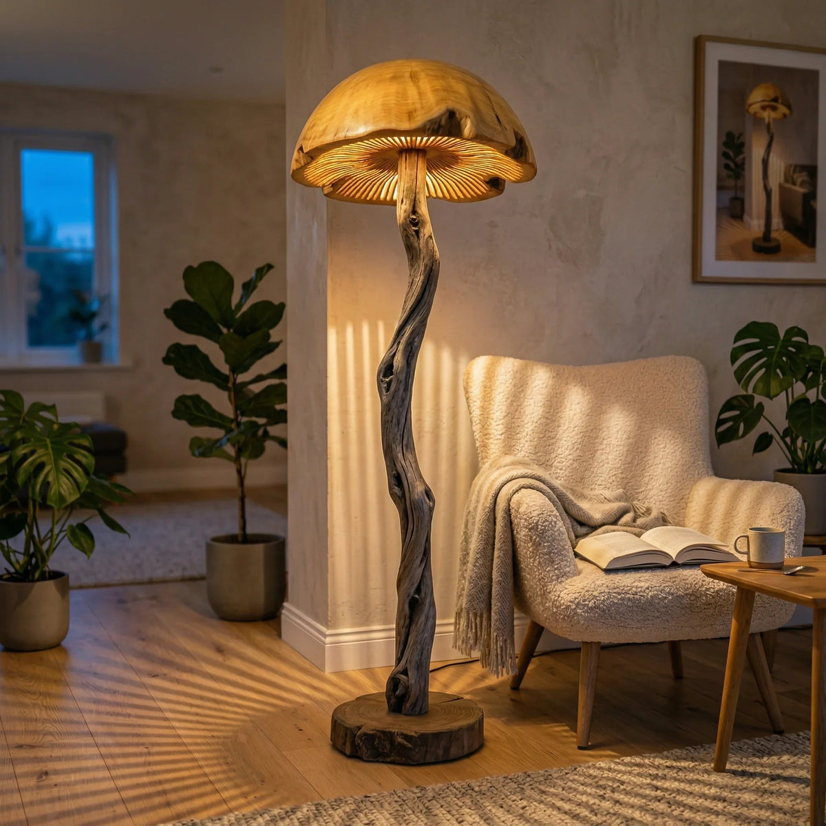 Gedrehte Treibholz-Stehlampe mit handgeschnitzter Pilzkuppel auf Altholzfuß in einem gemütlichen Wohnzimmer