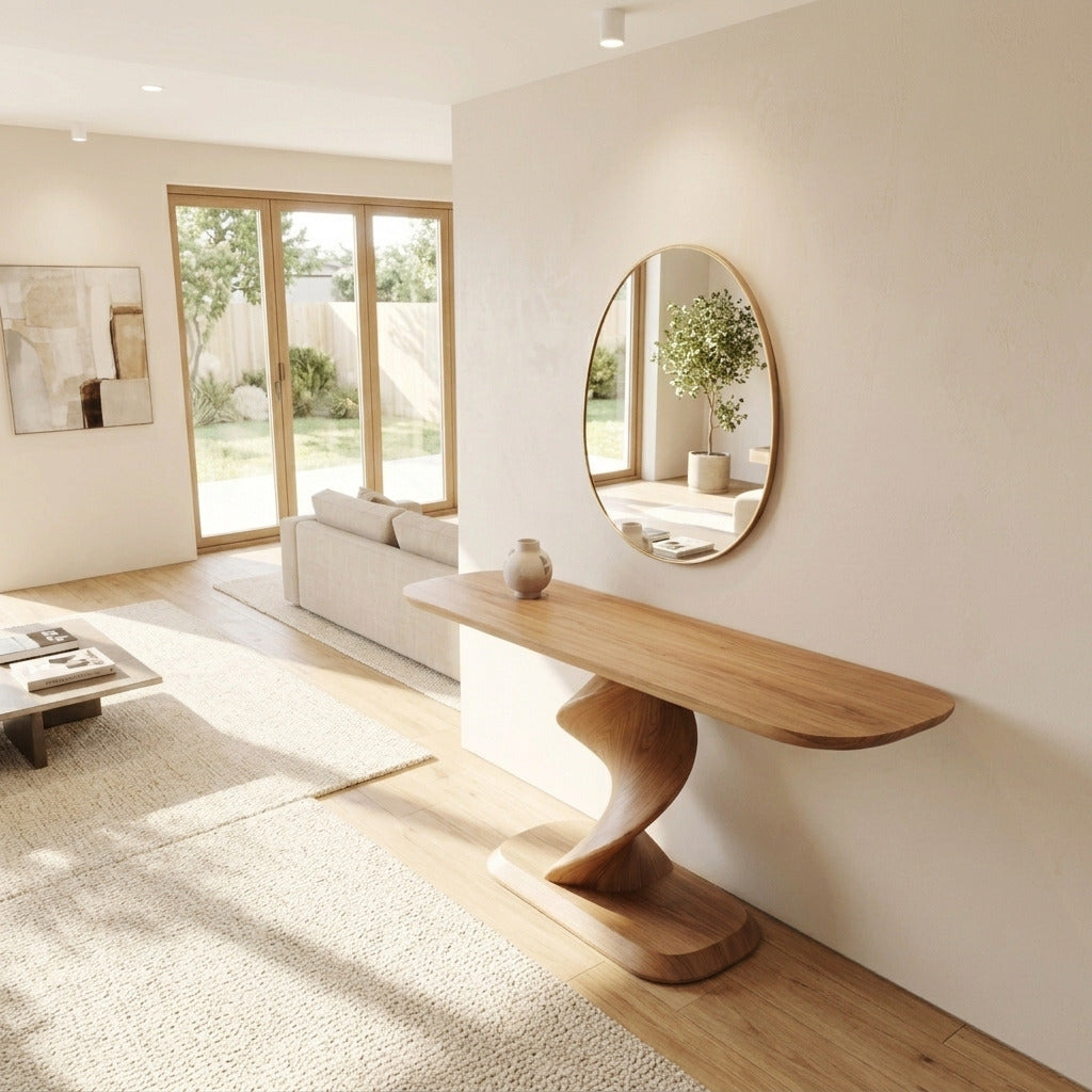 Konsolentisch aus Massivholz mit gedrehtem Säulenfuß in einem modernen Wohnzimmer