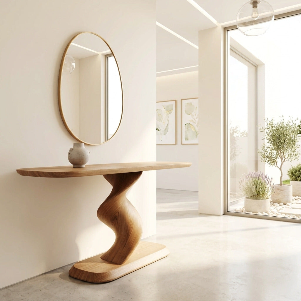 Moderne Konsole aus Massivholz mit gedrehtem Säulenfuß in einem minimalistischen Eingangsbereich