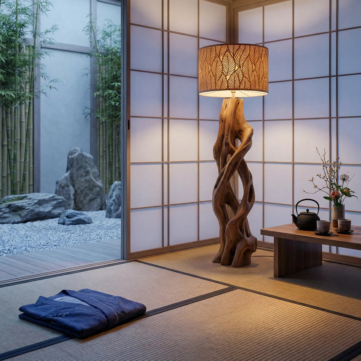 Stehlampe aus Holz „Gedrehte Ranke“ mit Schirm mit Blattmuster in einem modernen japanischen Zimmer