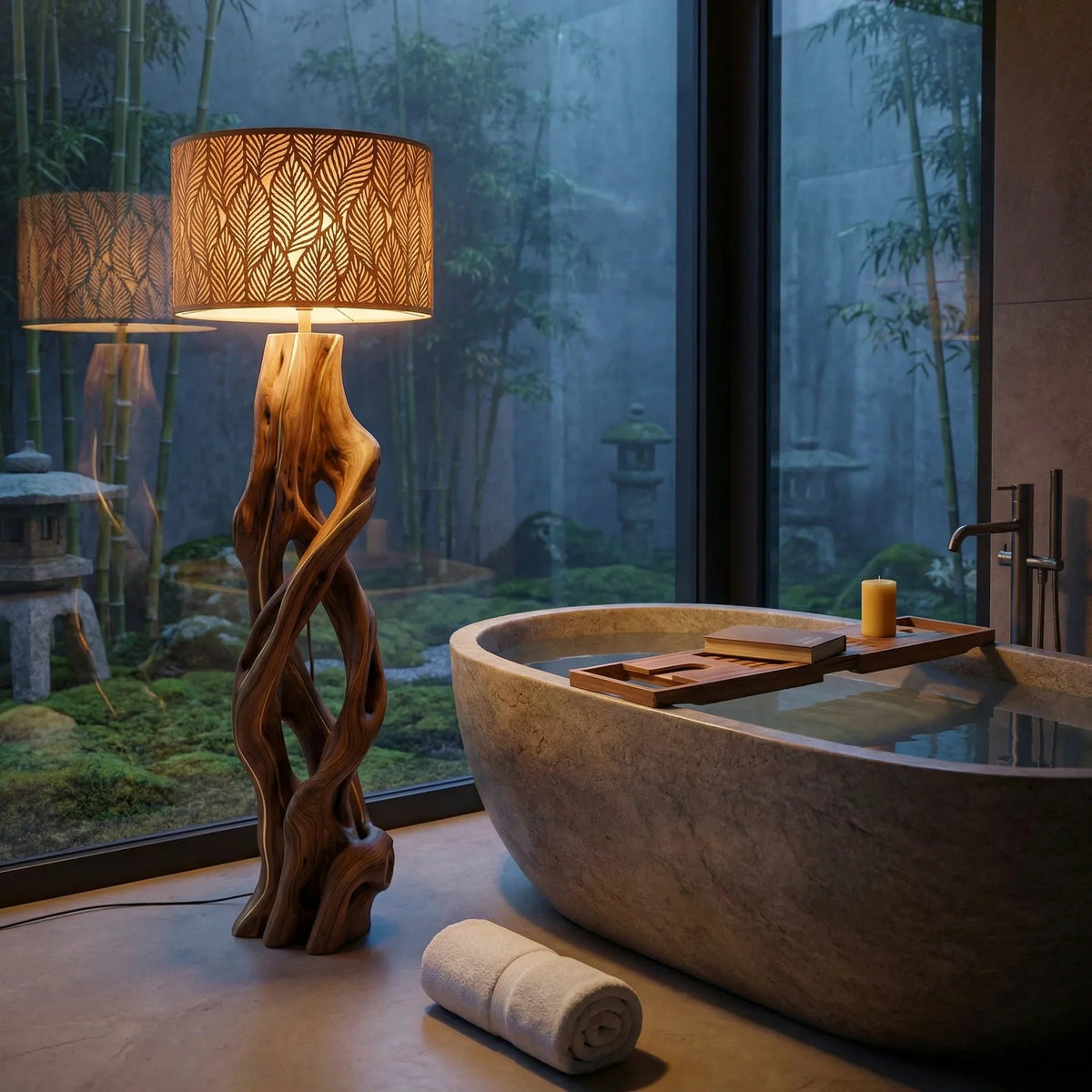 Stehlampe aus Holz „Gedrehte Ranke“ neben einer Steinbadewanne in einem modernen Spa-Badezimmer