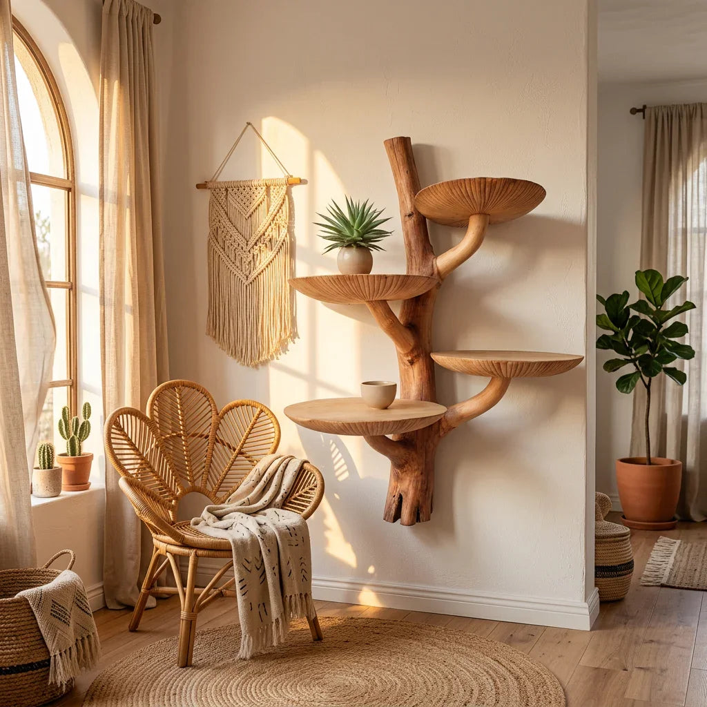 Pilz-Baumregal zur Wandmontage mit Wurzelfuß und 4 gewölbten Hüten – Handgefertigtes zweifarbiges Schwebregal aus Massivholz für Wohnzimmer, Schlafzimmer, Eingangsbereich – Ashdeco 2026