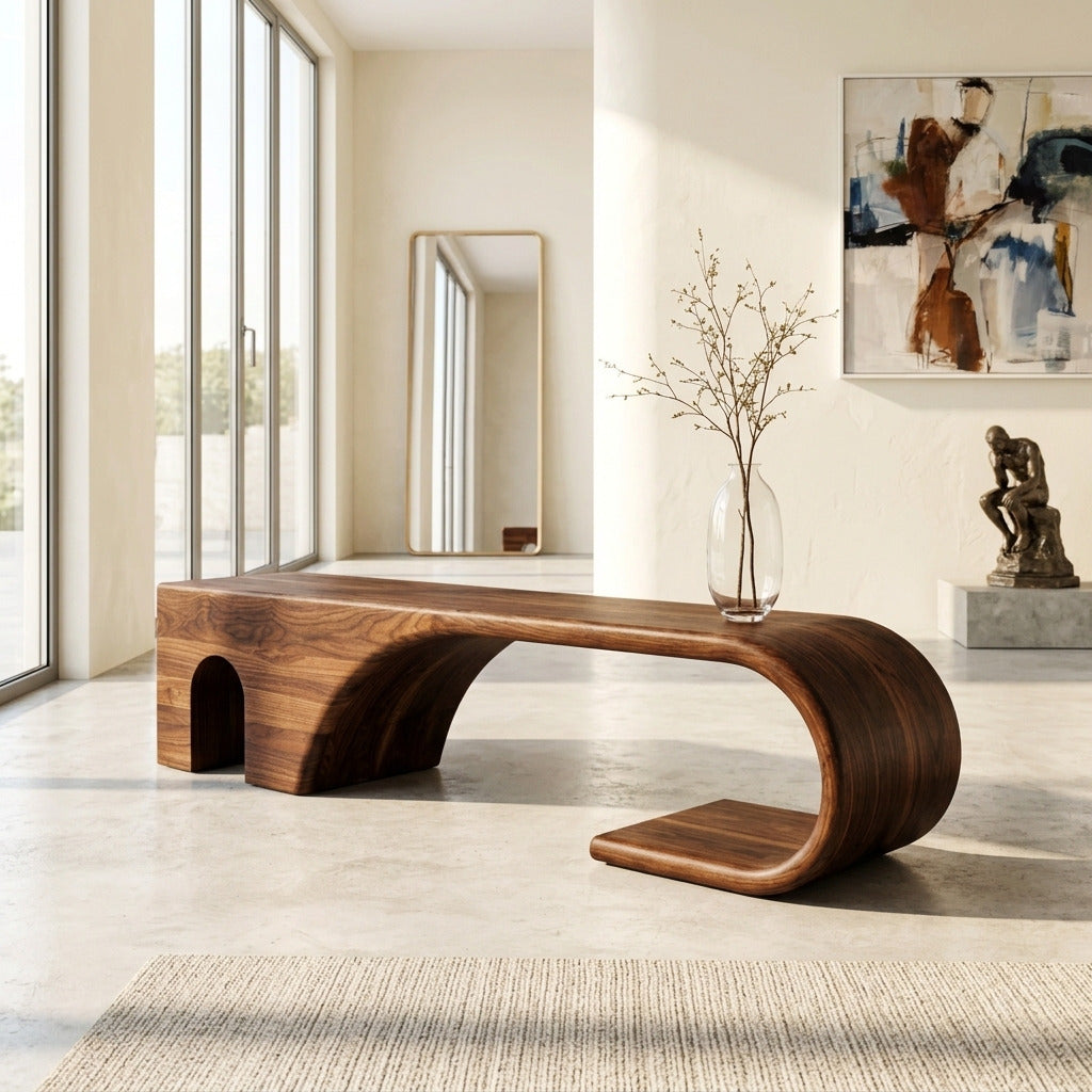 Organische Eingangsbank aus Massivholz in einem minimalistischen Zuhause