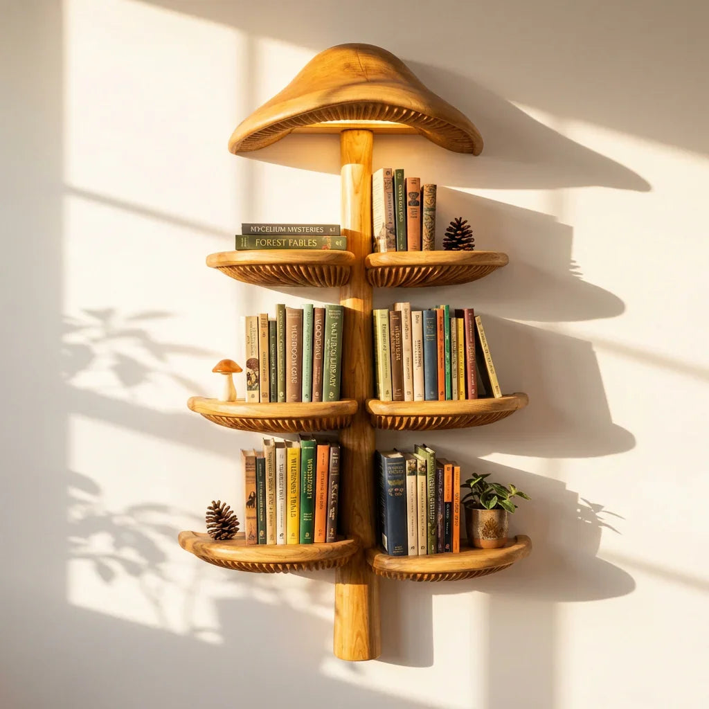 Schwebende Pilzregale mit integriertem warmem Licht, das Schatten an die Wand wirft