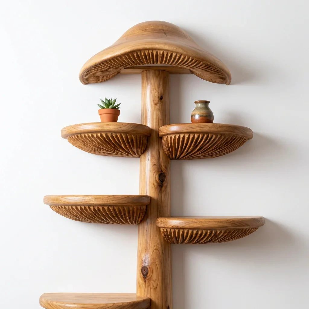 Pilzregale aus Holz mit einer kleinen Pflanze und Keramikvase