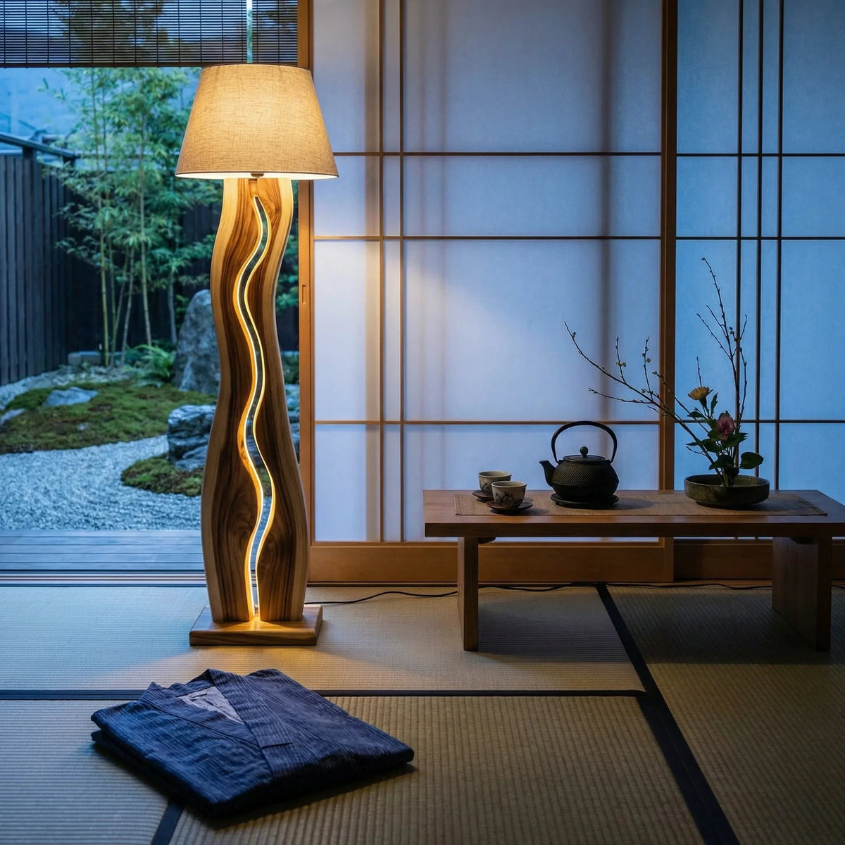 Wellenkanal-Stehlampe aus Holz mit LED-Streifen in einem modernen Zimmer im japanischen Stil