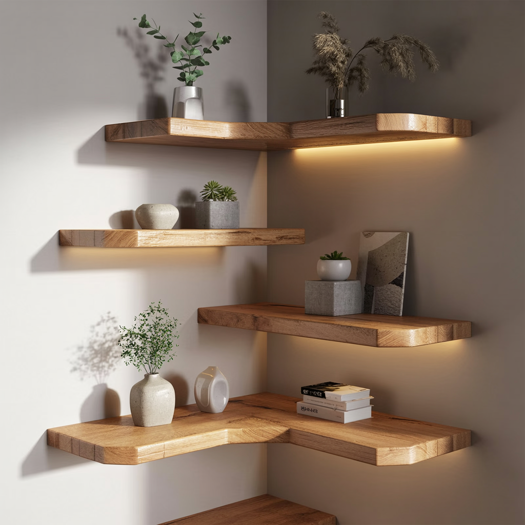 Rustikale Holz-Eckregale für moderne Wohninterieurs