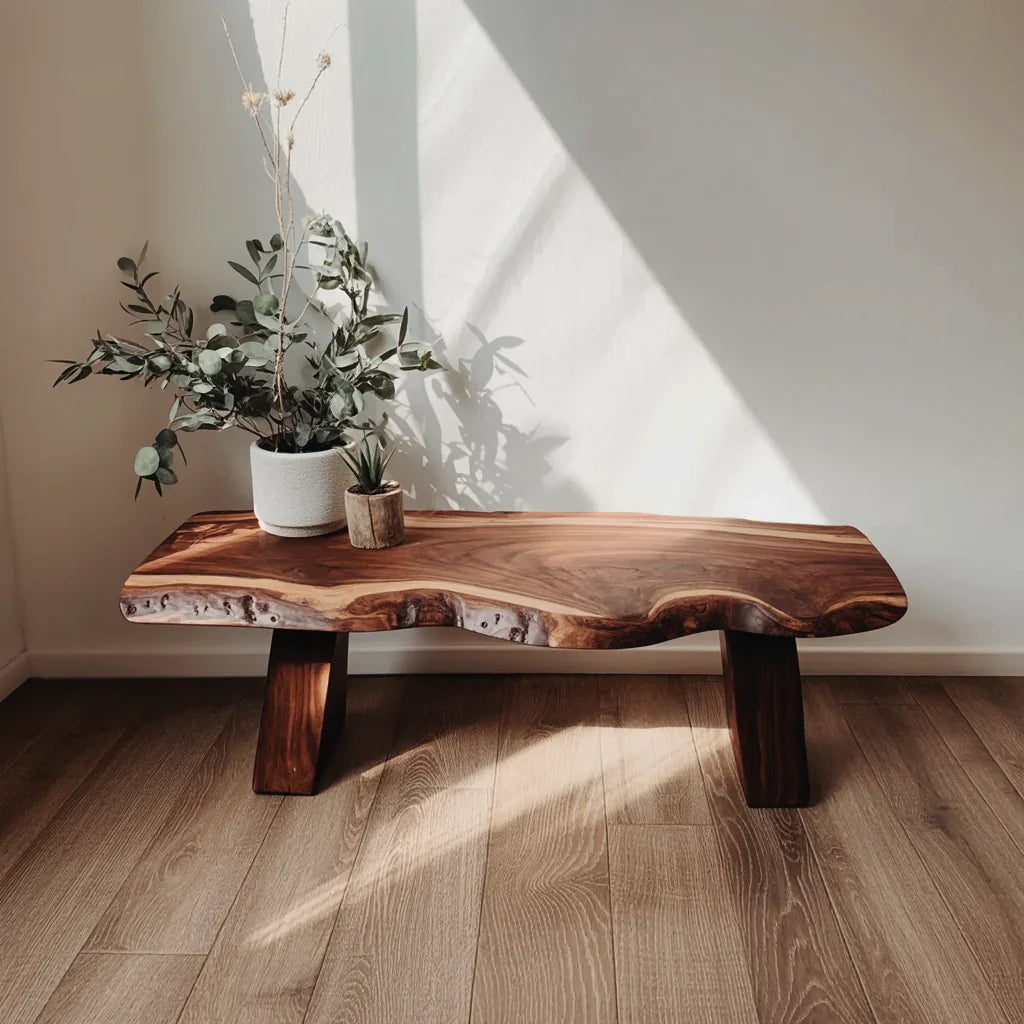 Minimalistische Bank aus Massivholz für den Eingangsbereich im rustikalen Design mit natürlicher Holzmaserung