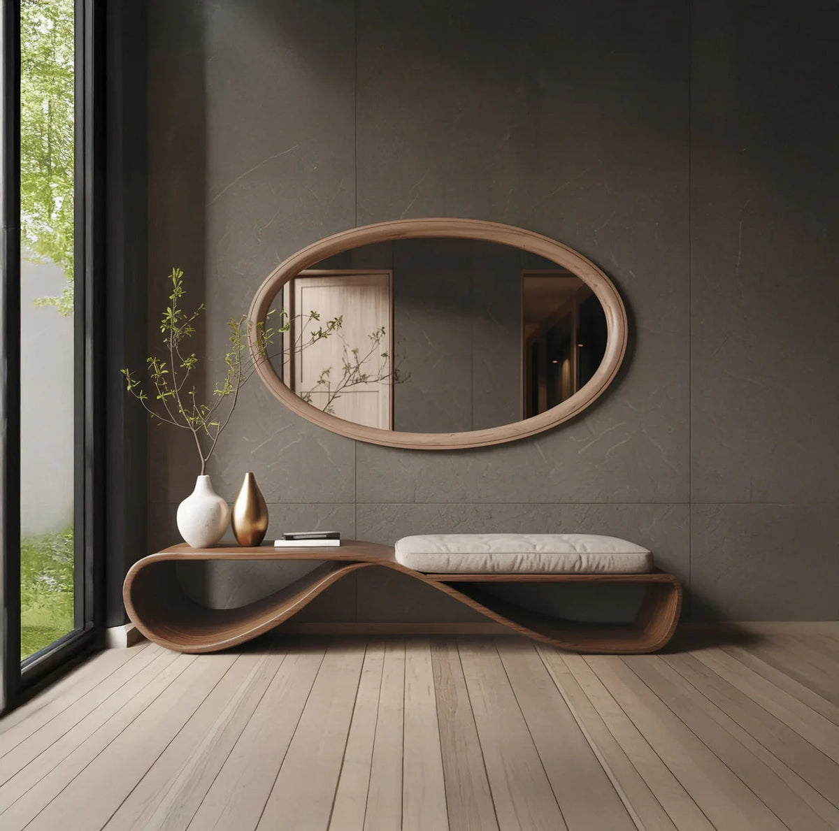 Handgemachte Holzbank mit klaren Linien, ideal als Sitzmöbel für den Eingangsbereich und Interieur