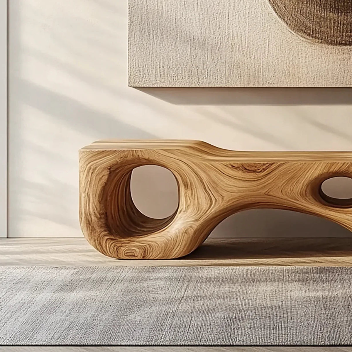 Einzigartige Holzbank im künstlerischen Design für moderne Interieurs