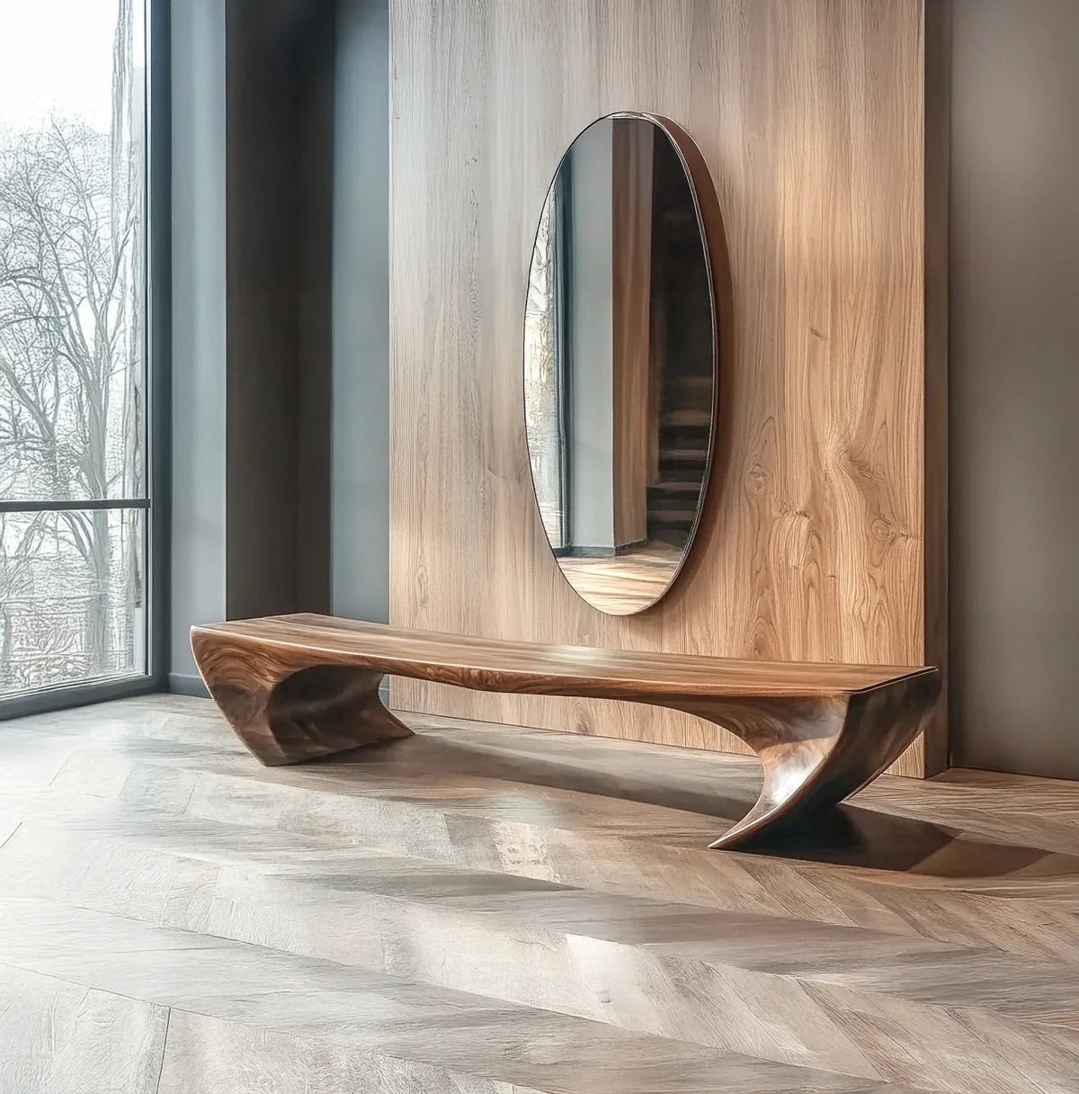 Holzbank im organischen Design für zeitgenössische Interieurs