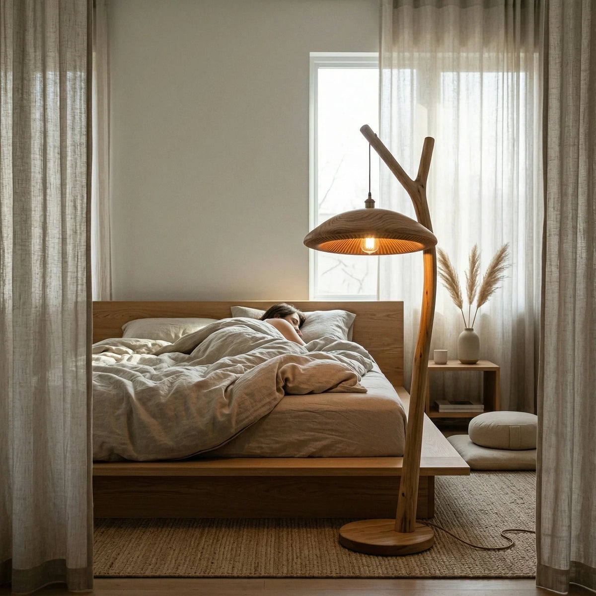 Skulptierte Pilz-Stehlampe aus Massivholz mit Pendelleuchte in einem gemütlichen minimalistischen Schlafzimmer.