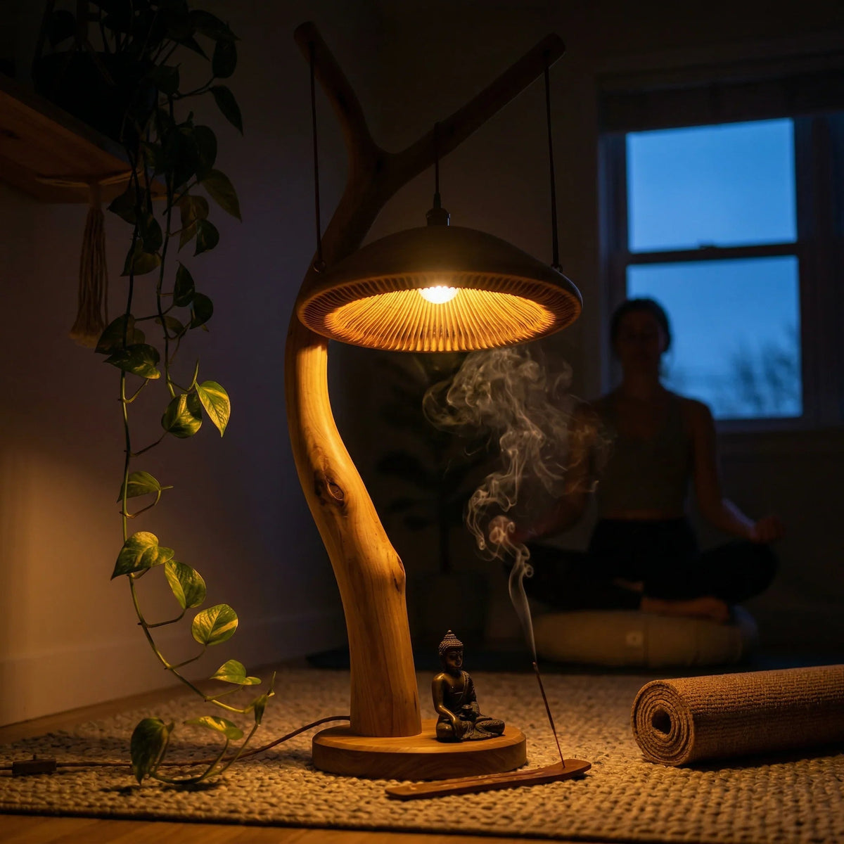 Stehlampe aus Massivholz mit pilzförmiger Pendelleuchte, Räucherwerk und Meditationsaufbau in einem gemütlichen Raum