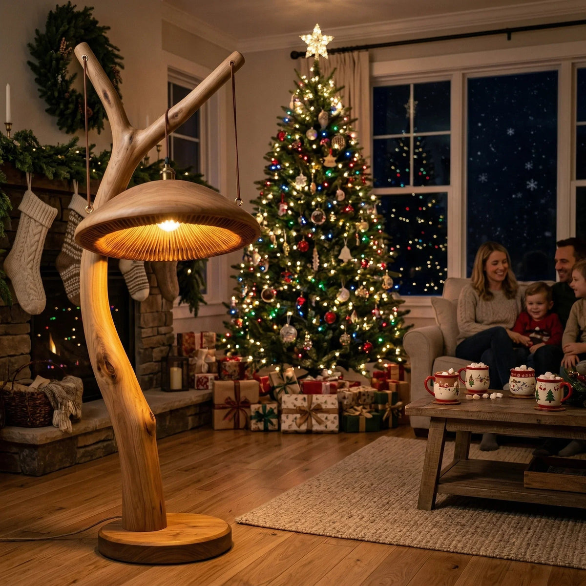 Pilz-Stehlampe aus Massivholz mit skulptiertem Fuß in einem gemütlichen Wohnzimmer mit Weihnachtsbaum