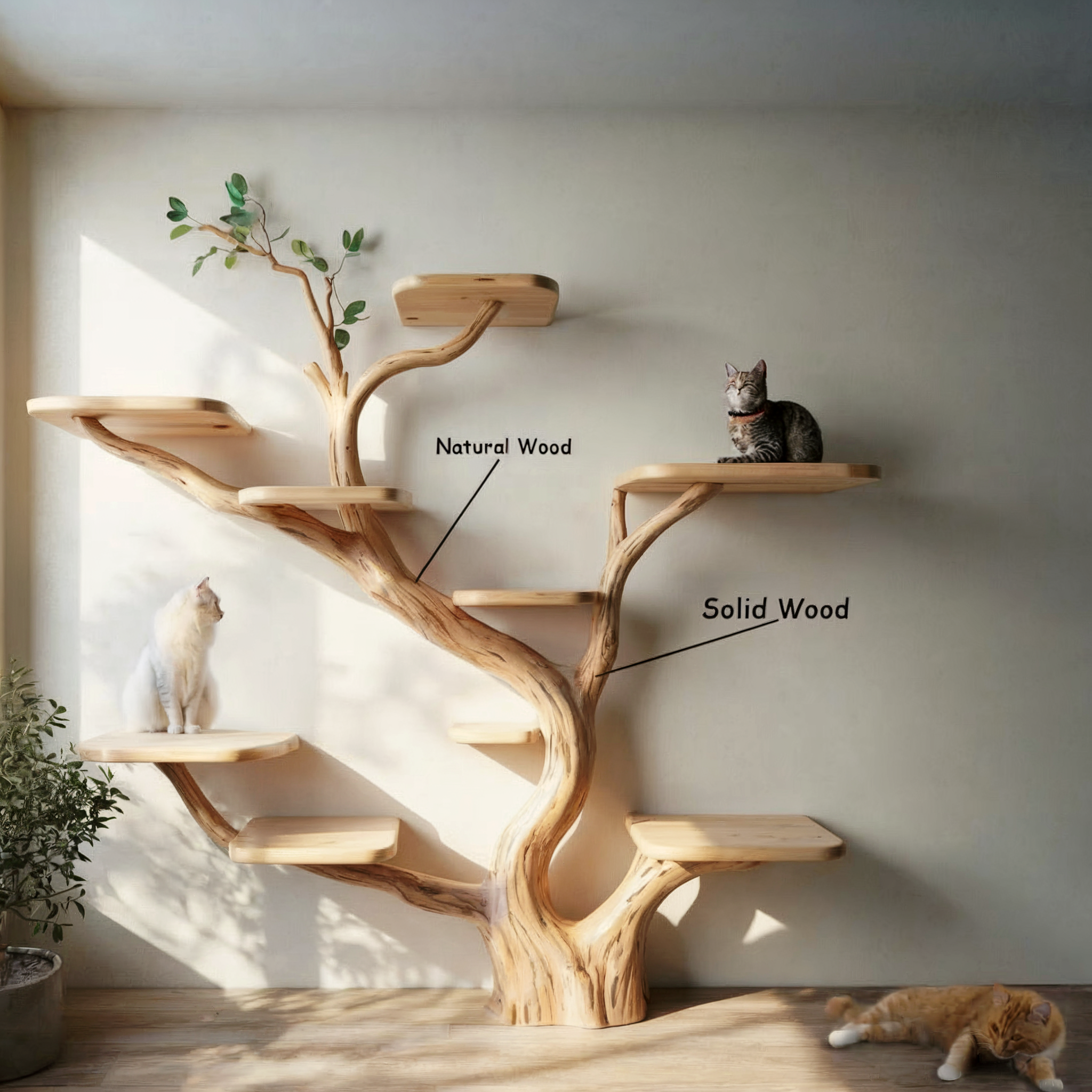 Rustikaler handgefertigter Massivholz-Kratzbaum mit Liege- und Spielbereich für Katzen