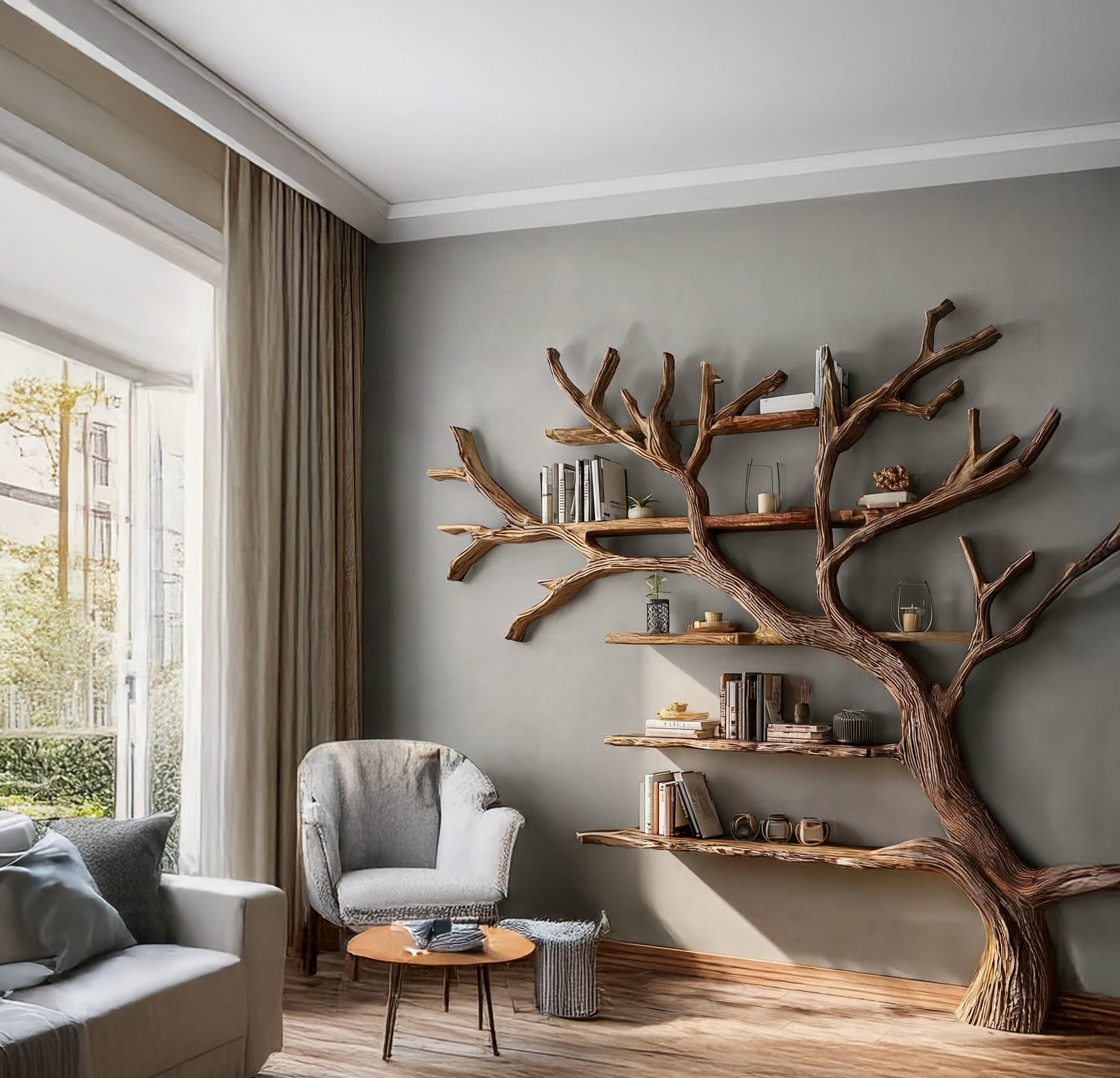 Massives Treibholz-Wandregal – Rustikales Landhaus-Schweberegal aus Baumästen