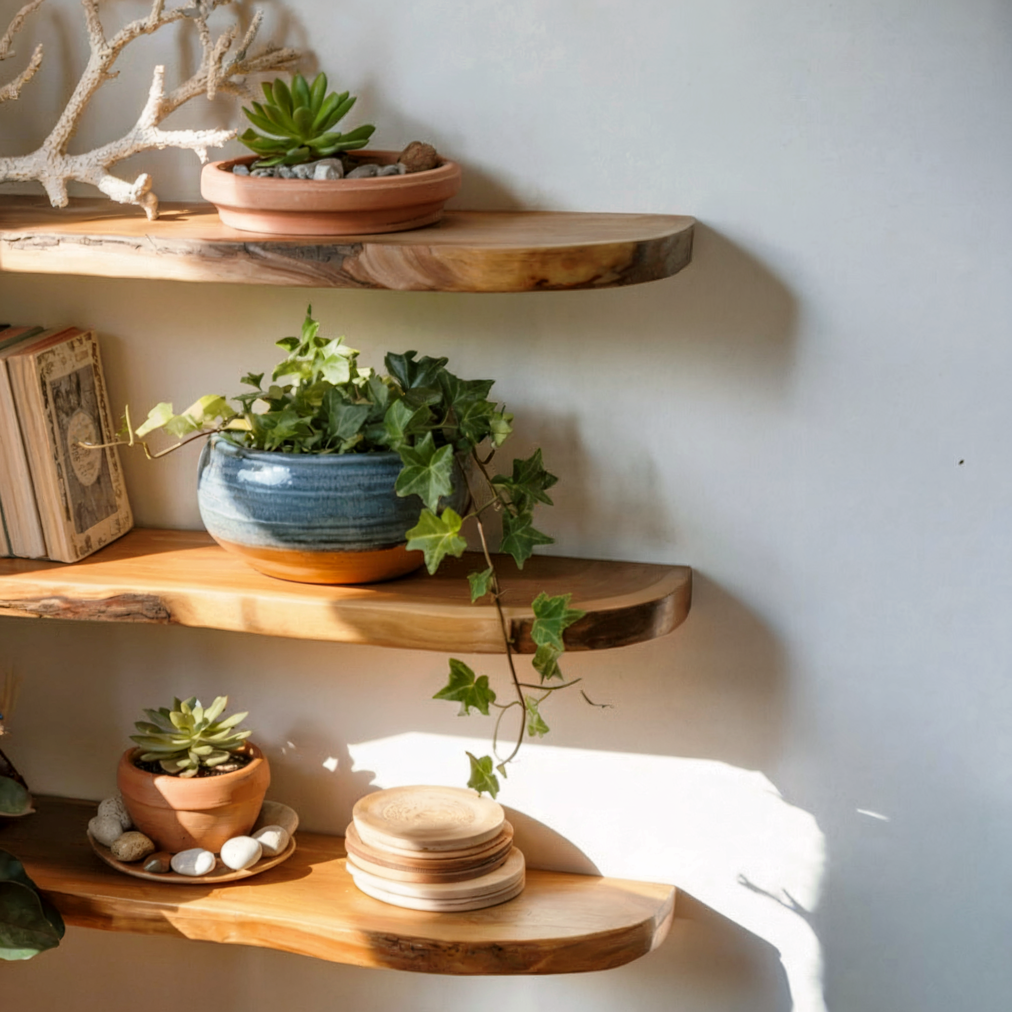 Schwebendes Eck-Wandregal mit Baumkante – Holzregal für Wohndekor & Aquarium