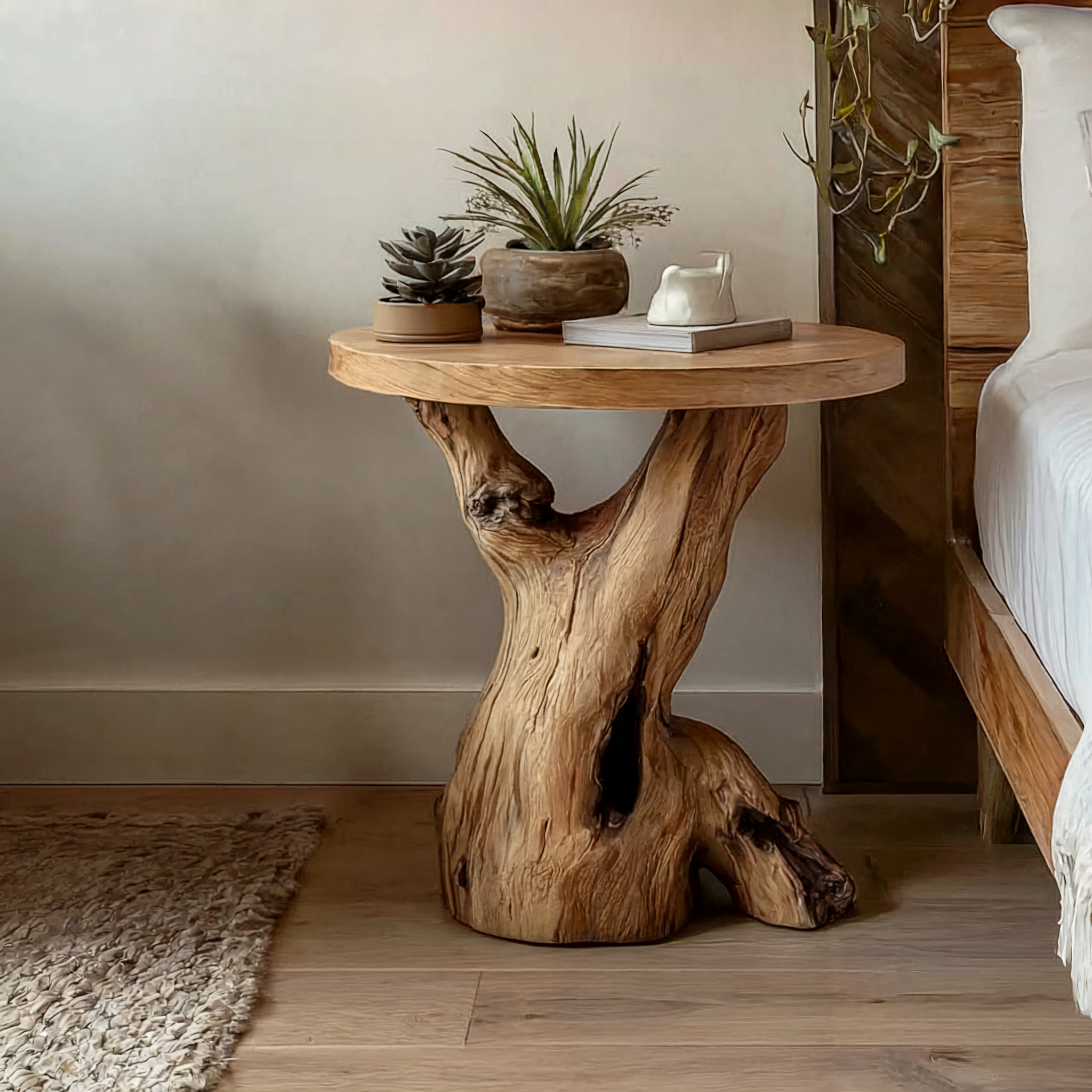 Runder Handgefertigter Beistelltisch – Massivholz Live-Edge, rustikales Design