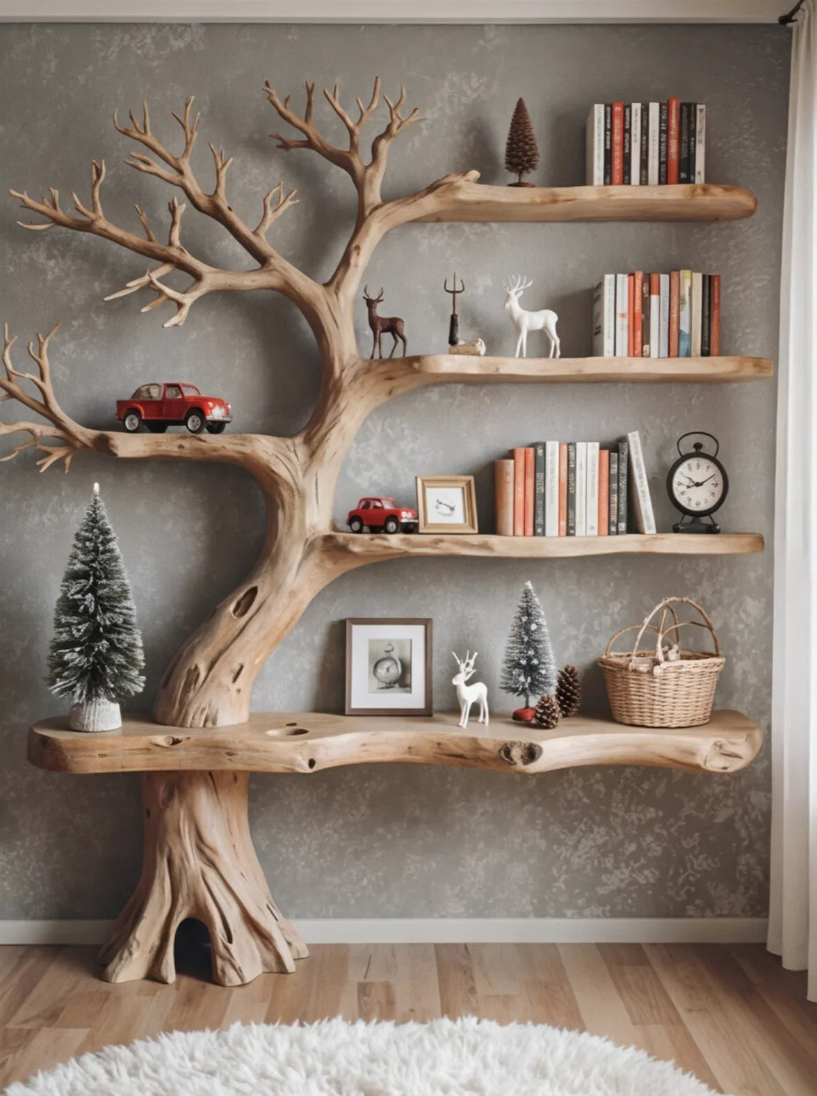 Baumförmiges Massivholz-Bücherregal mit Büchern, Spielzeugautos, Hirschfiguren und Deko-Akzenten
