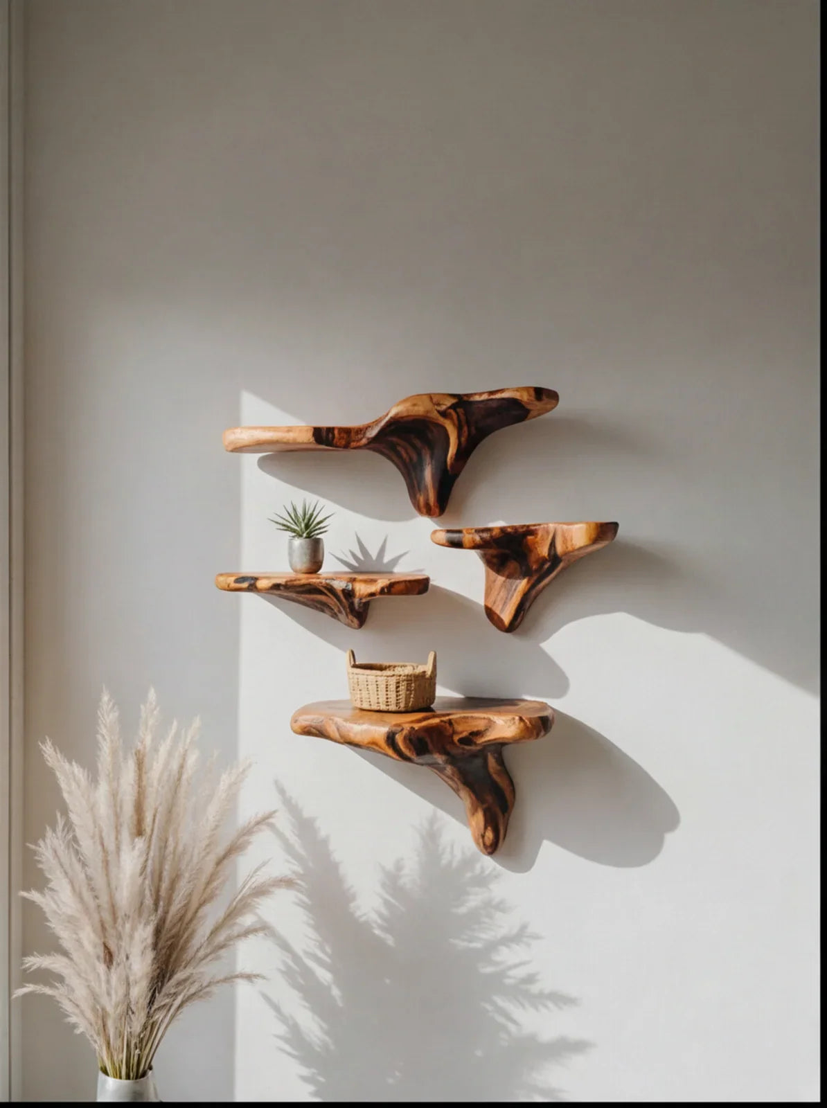 Schwebende Baumkanten-Regale aus Massivholz an weißer Wand mit Korb und Pflanzendekor