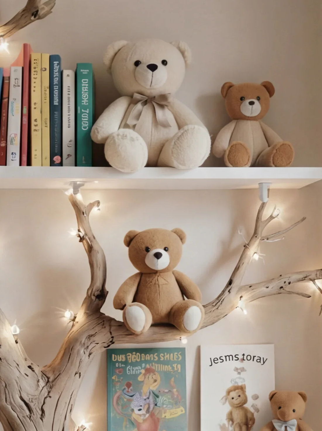Kinderzimmerregal mit Teddybären, Büchern, Astakzenten und Lichterkette