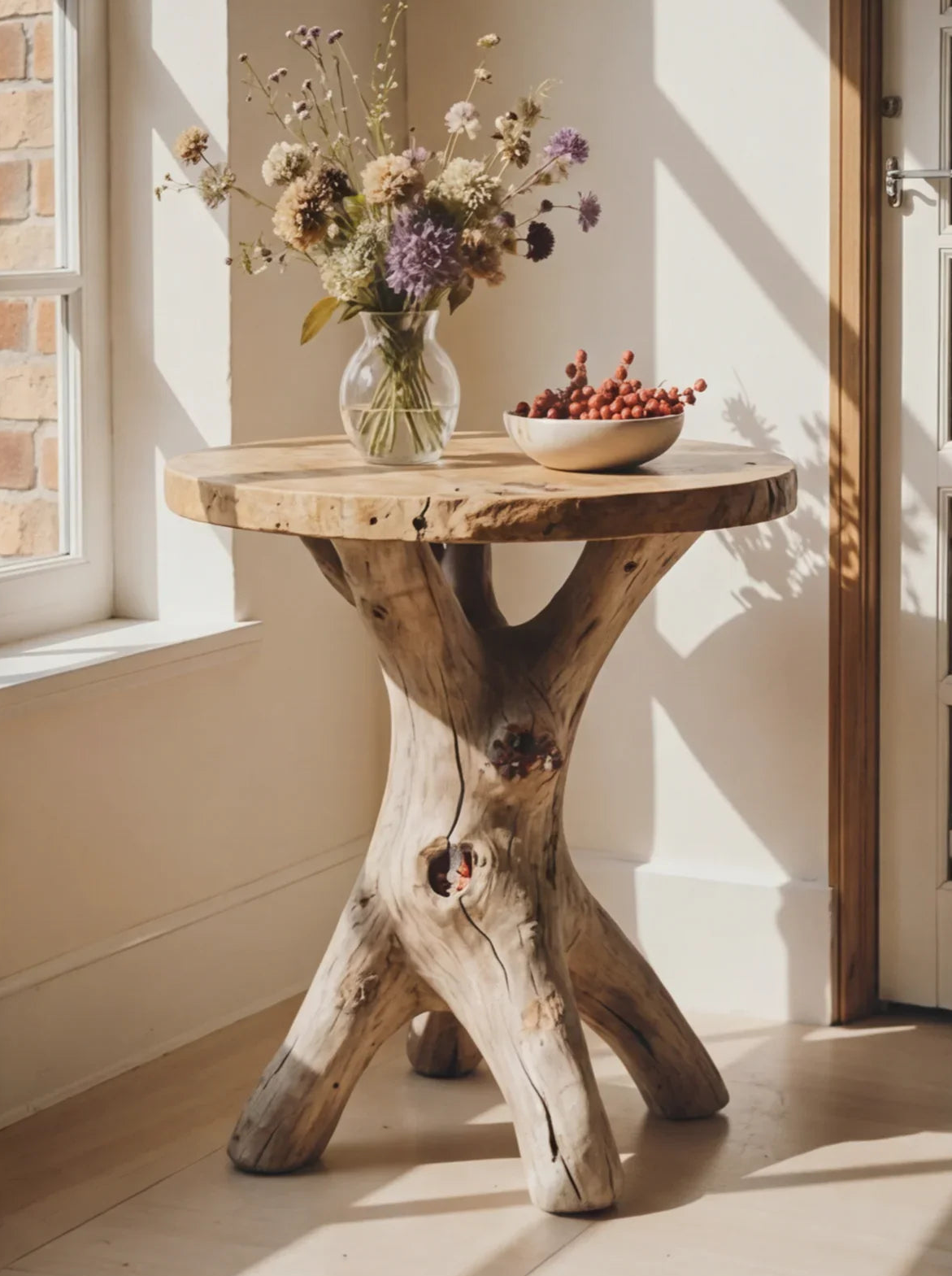 Baumkanten-Beistelltisch aus Massivholz mit natürlichen Astbeinen, Blumenvase und Schale im Sonnenlicht