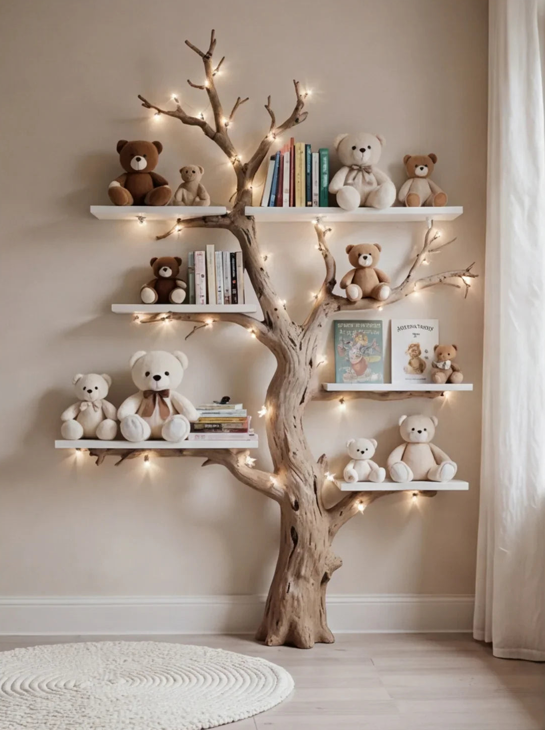 Baumförmiges Bücherregal mit Schwebeablagen, Teddybären, Büchern und warmer Lichterkette in einem gemütlichen Raum.