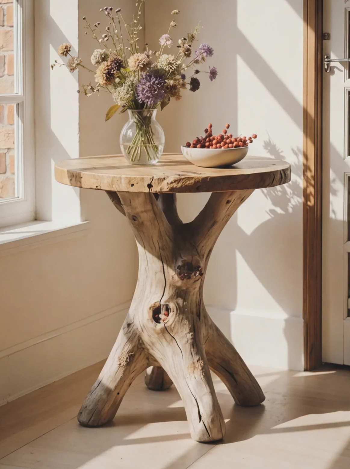 Baumkanten-Tisch aus Massivholz mit Baumstammfuß, Vase mit Trockenblumen und Schale mit Beeren.