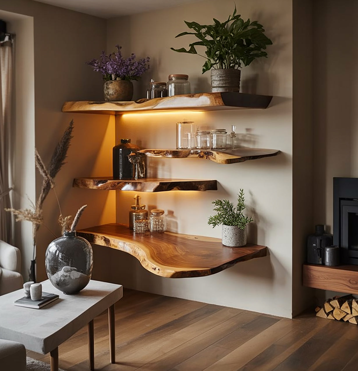 Schwebende Live-Edge-Walnussregale aus massivem Holzdekor Design Stile