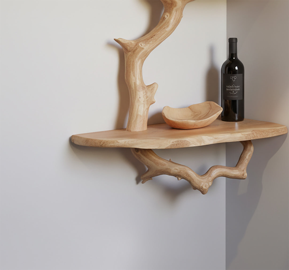 Schwebendes Eck-Bücherregal aus Baumast – Driftwood Wanddeko