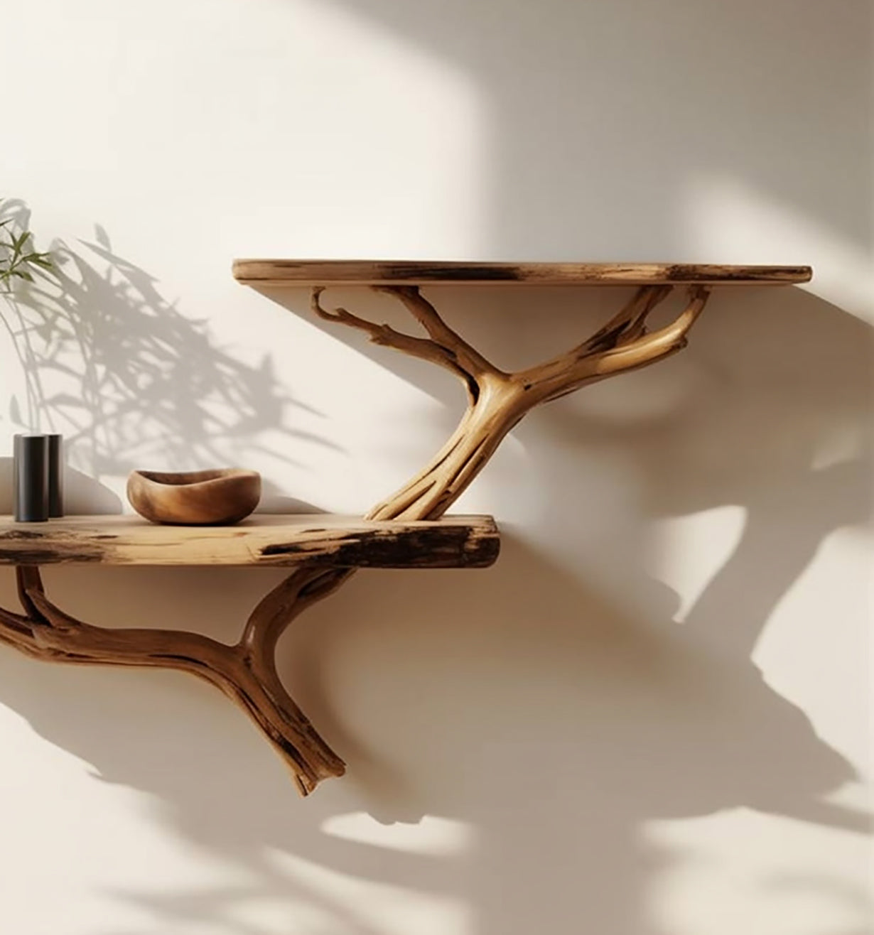 Schwebendes Wandregal aus Treibholz mit Baumast – Handgefertigt